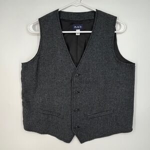 Childrens Place Boys XXL 16 Suit Vest Charcoal Gray Herringbone Four Button